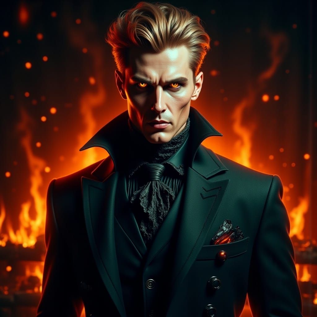 Gothic Vampire with Golden Eyes by Fireplace