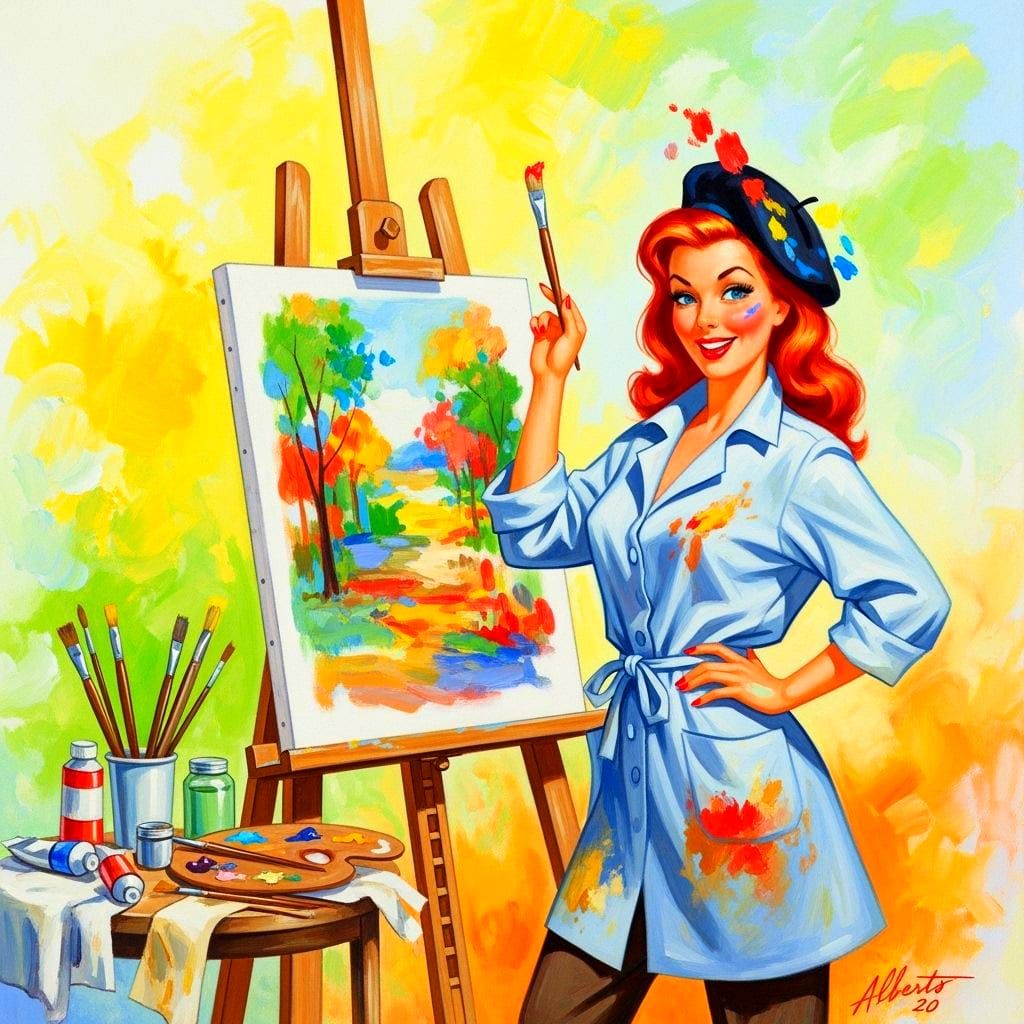 Vivacious Woman Artist in Vargas-Style Oil Painting
