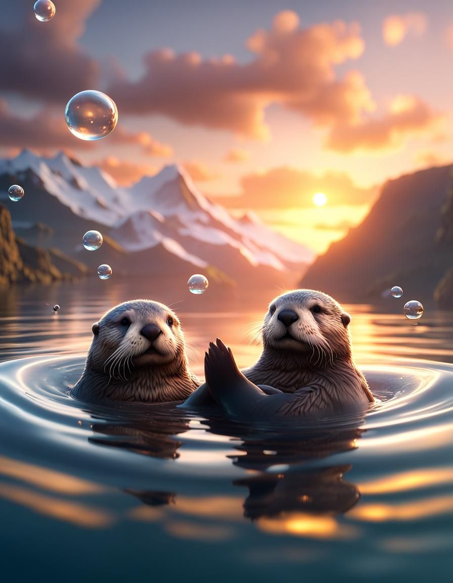 Sea Otters' Sunset Journey: 3D Game Cinematic