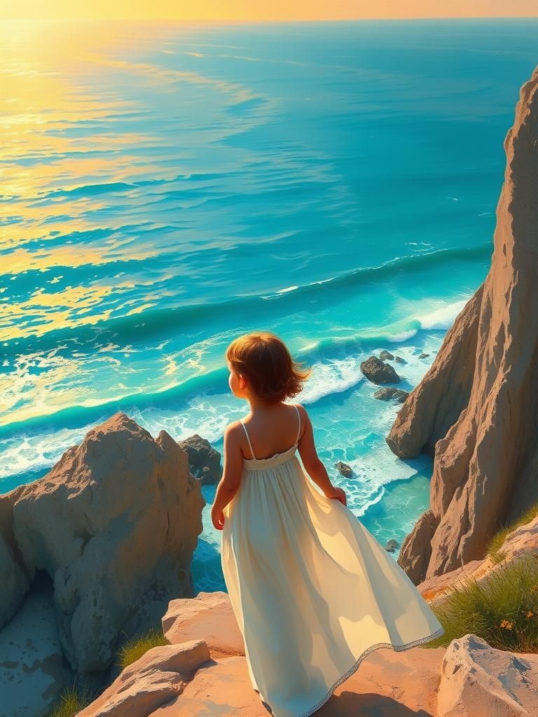 Girl Gazing at Sea: Impressionist Sunset Scene