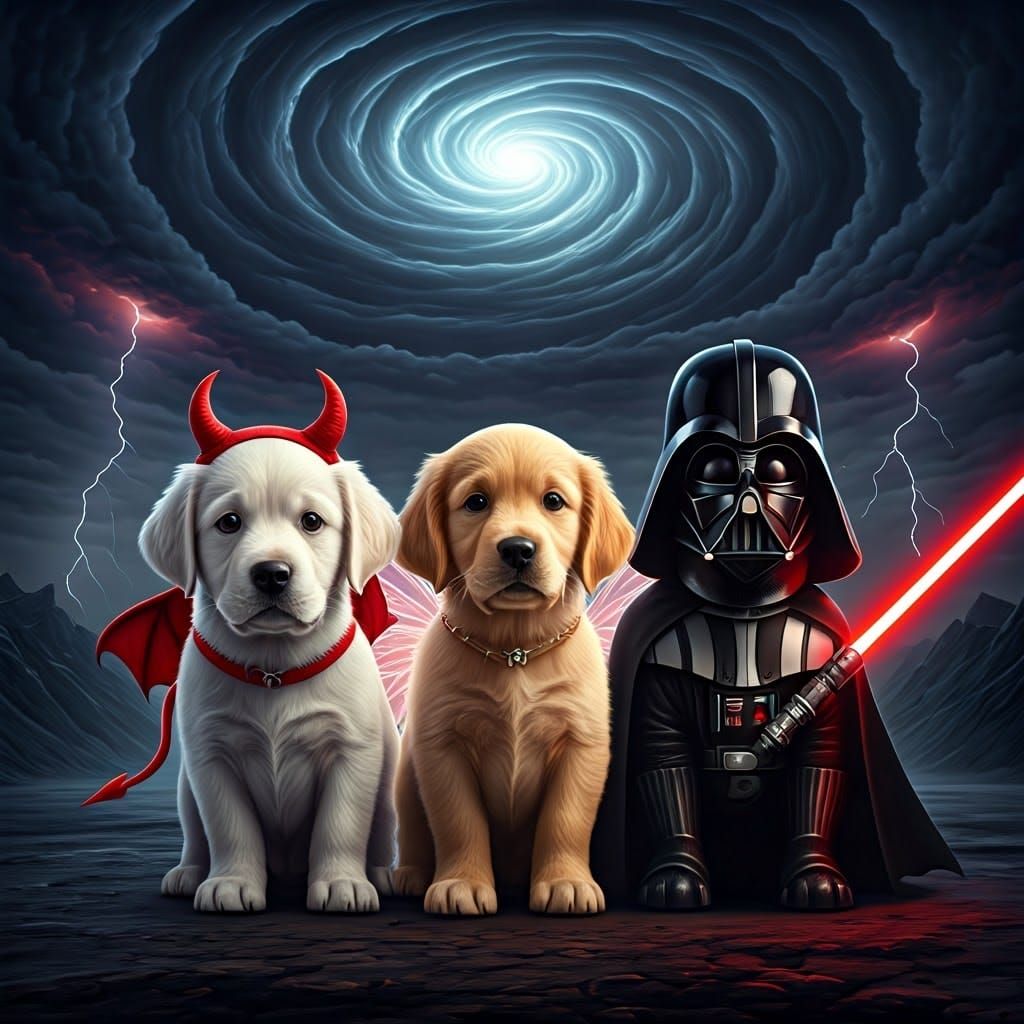 Mischief and Wonder: Puppies in Dramatic Skies