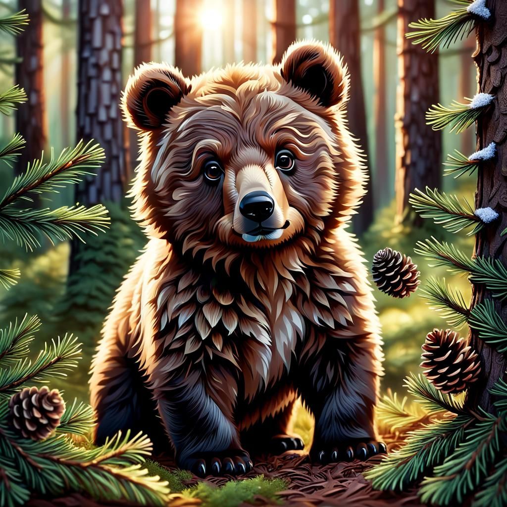 Adorable Bear Cub in Dawn Light: Photorealistic CGI
