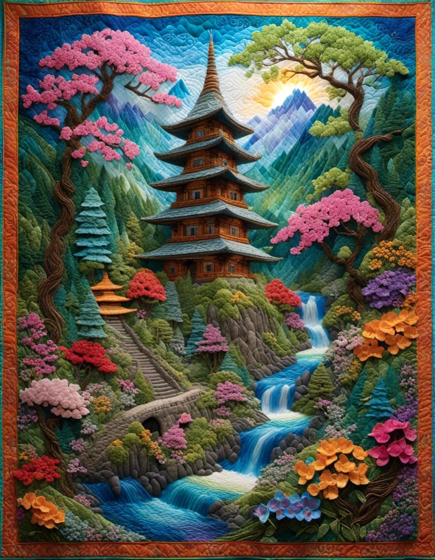 Japanese Temple in 3D Quilt Style