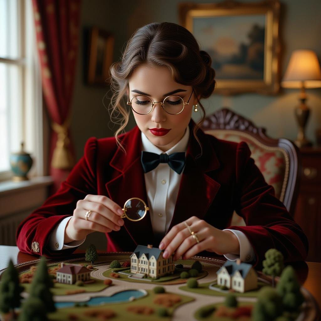 Woman Judges Miniature Landscape in Cinematic Film Still