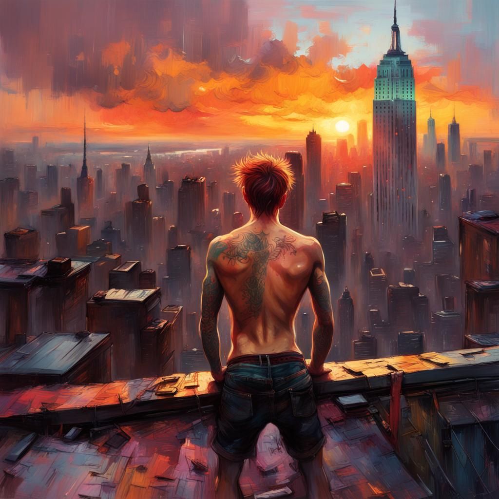 New York Rooftop Sunset: Detailed Matte Painting