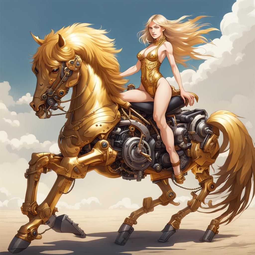 Woman Rides Mechanical Golden Horse