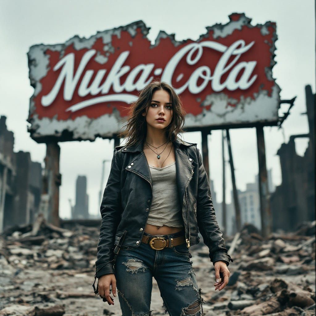 Girl Stands Tall in Post-Apocalyptic Ruins, Nuka-Cola Sign L...