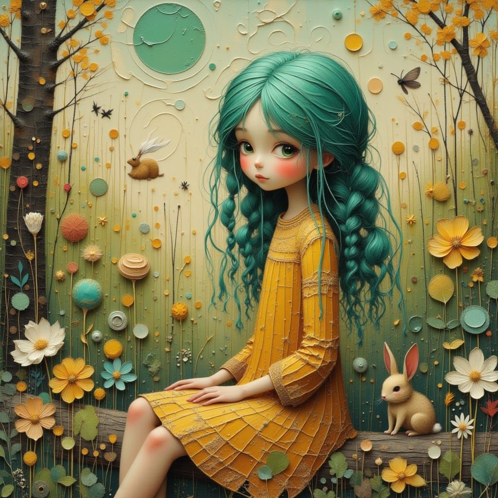 Girl in Sun-Dappled Woodland with Rabbits