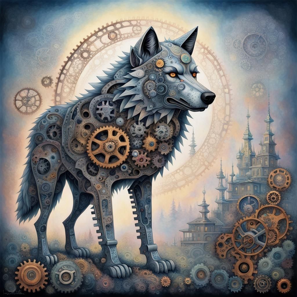 Mechanical Wolf in Bauhaus Style Line Art