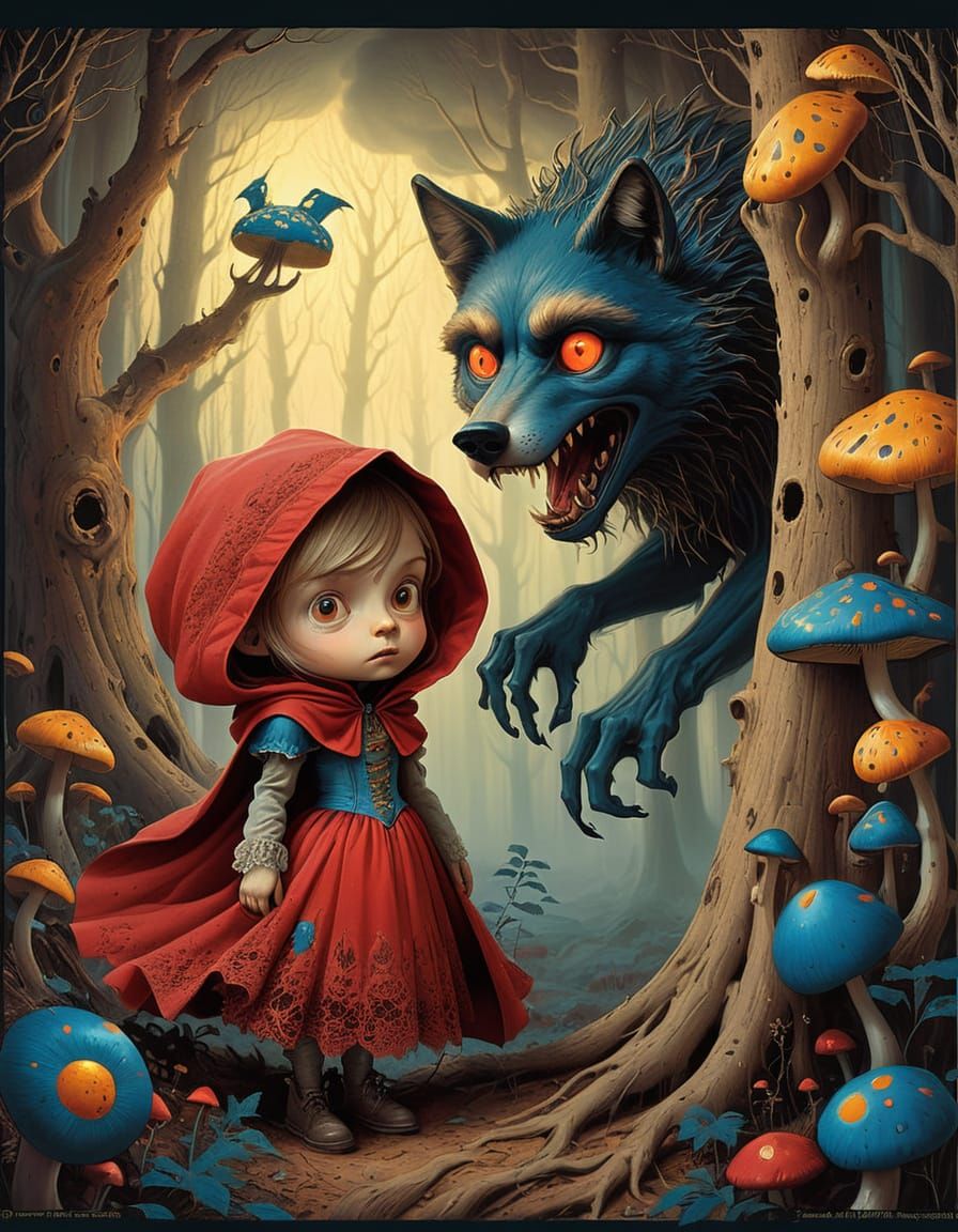 Fearless Red Riding Hood in Enchanted Forest with Big Bad Wo...