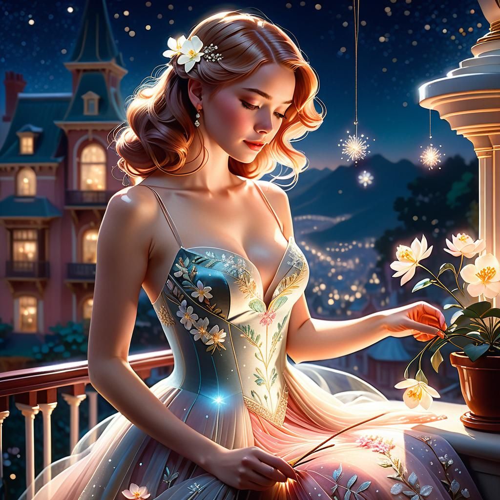 Woman Embroidering Magical Flower, Digital Art Style