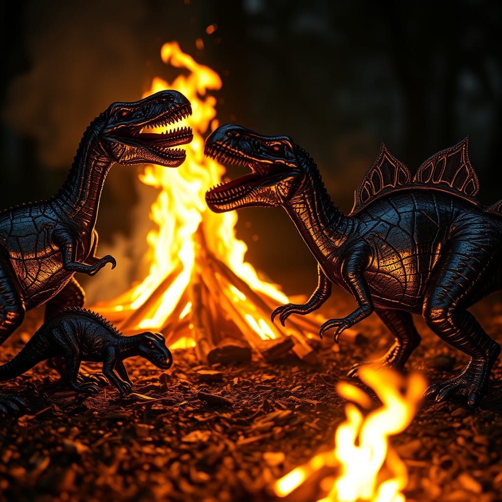 Metal Dinosaurs Set Ablaze in Hyperrealistic Bonfire Scene