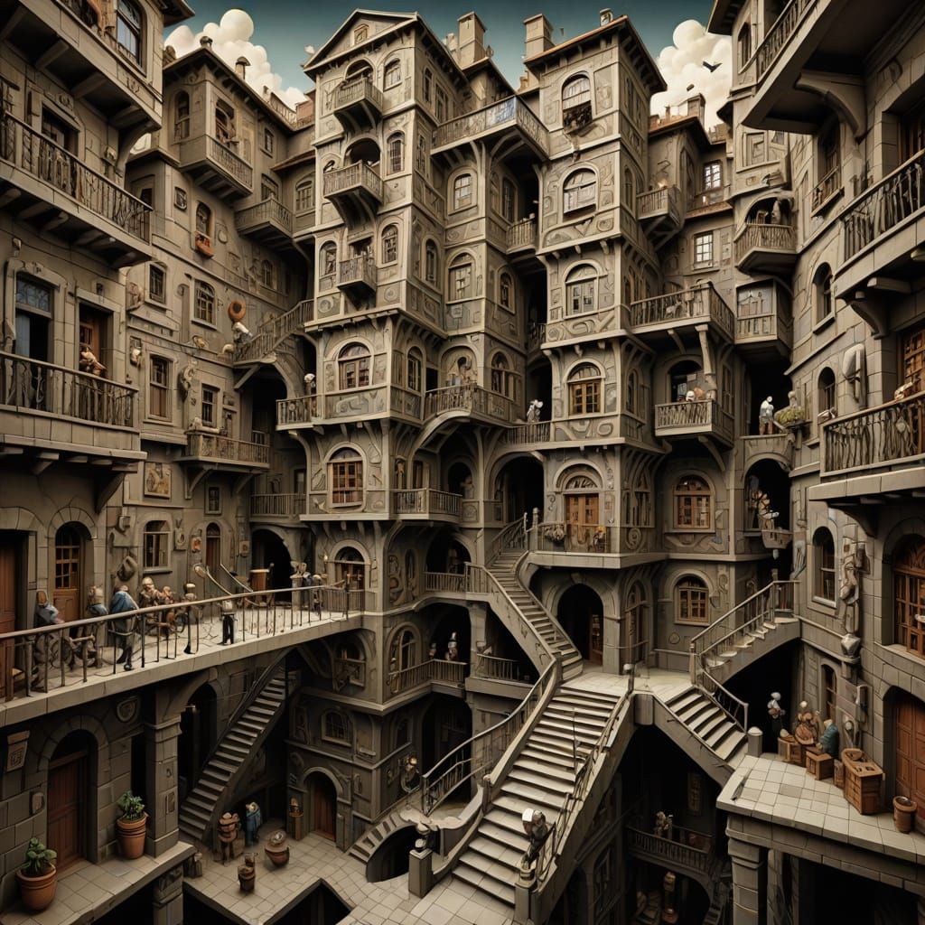 Mortadelo and Filemon in Escher-esque Office Building