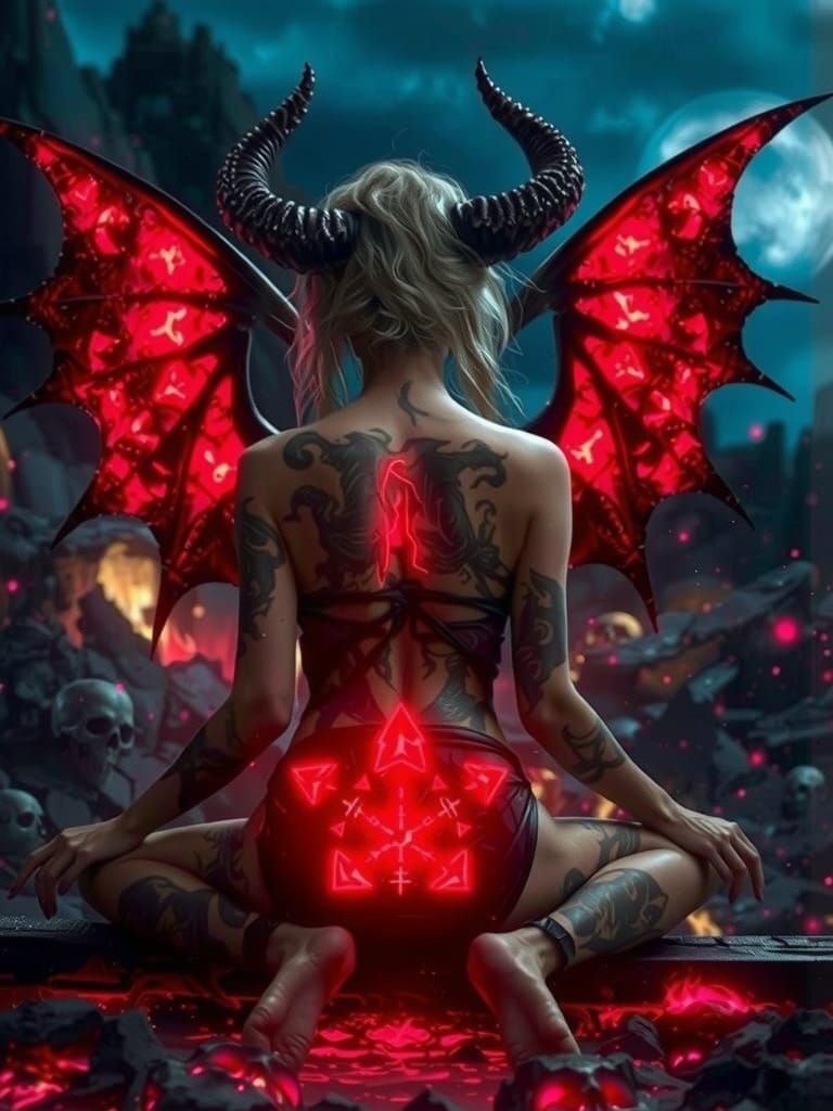A heavily tattooed female demon with horns resembling twiste...