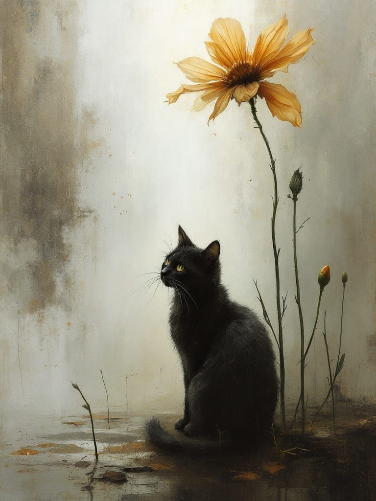 Cat Gazes Up at Tall Flower in Atmospheric Style