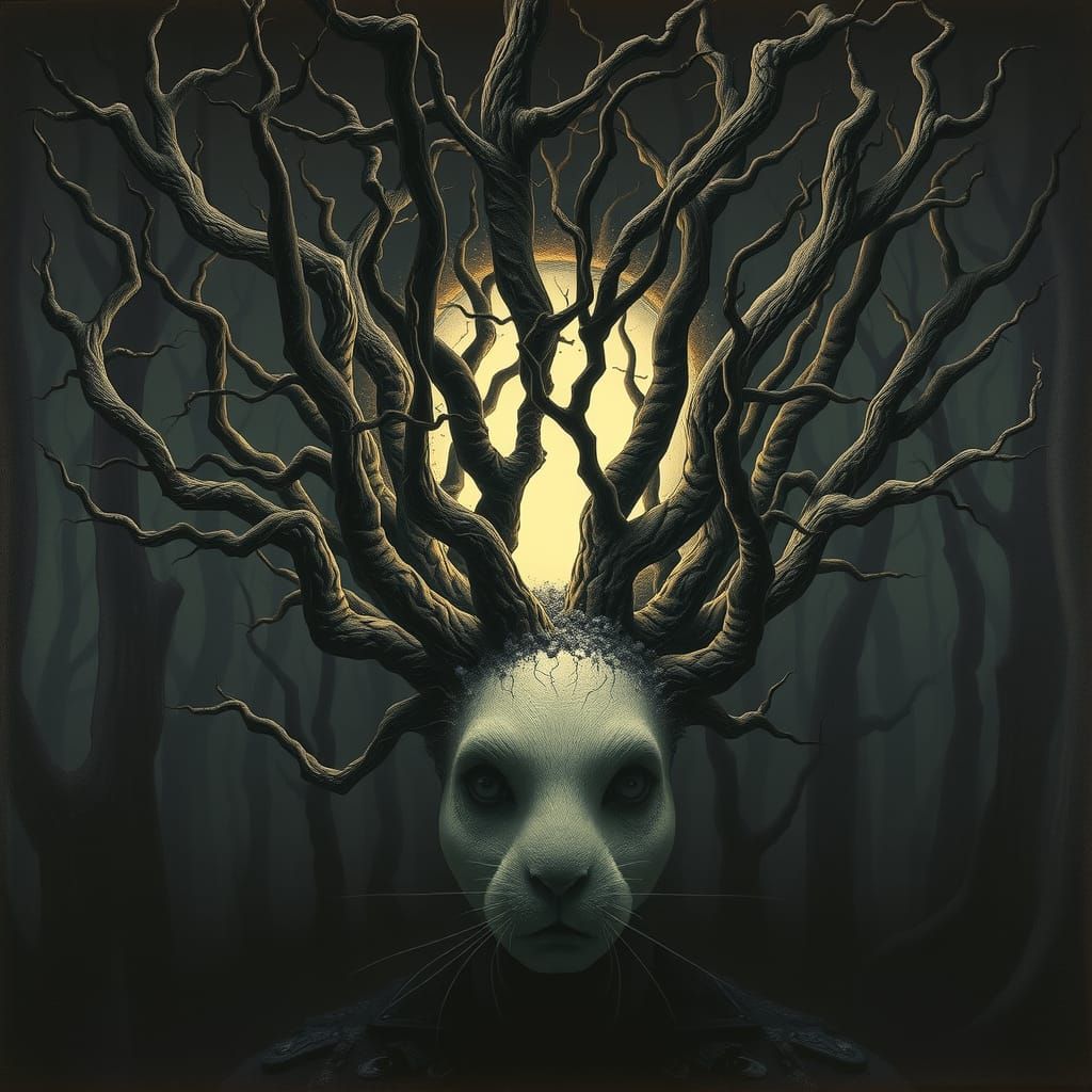 Eerie Forest Inside Rabbit Head: Surrealist Art