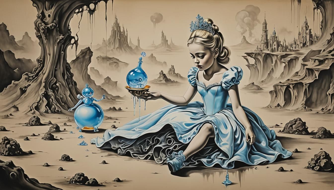 Ink Drawing: Baby Cinderella Princess in Surrealist Style