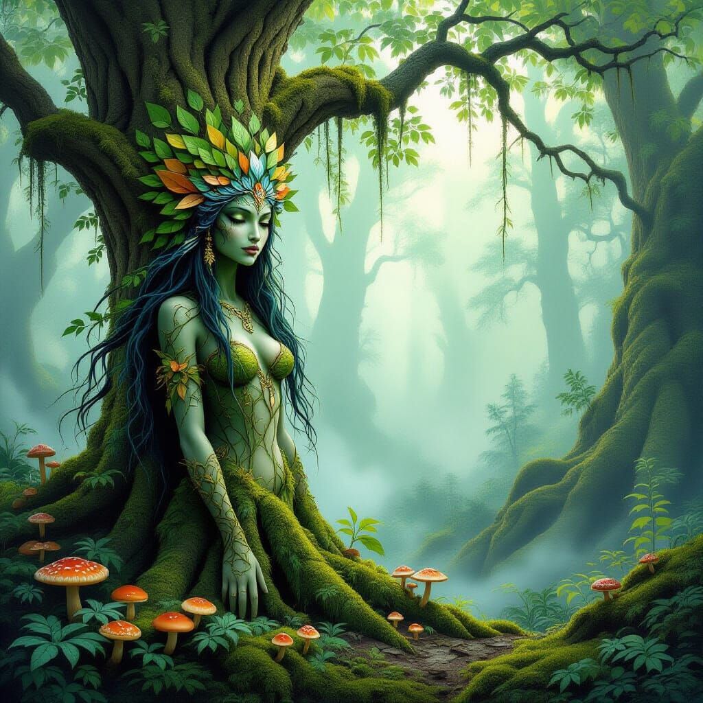 Mystical Tree Nymph in Misty Old Growth Forest