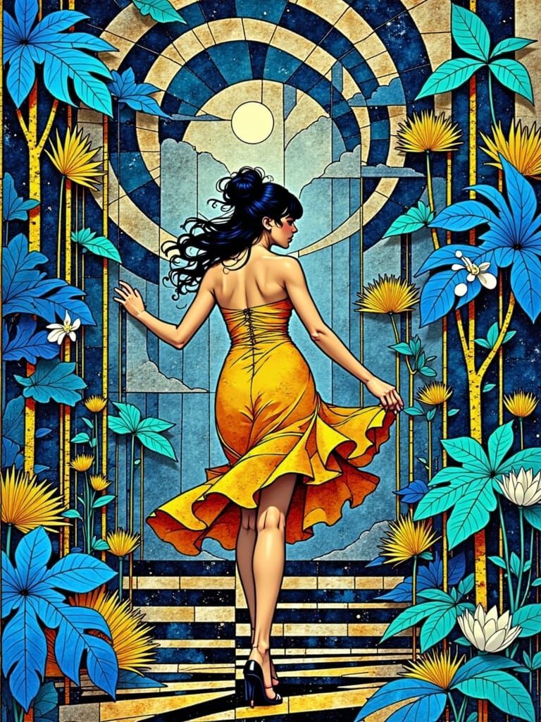 Vibrant Mambo Dance in Iridescent Blues and Copper, Inspired...