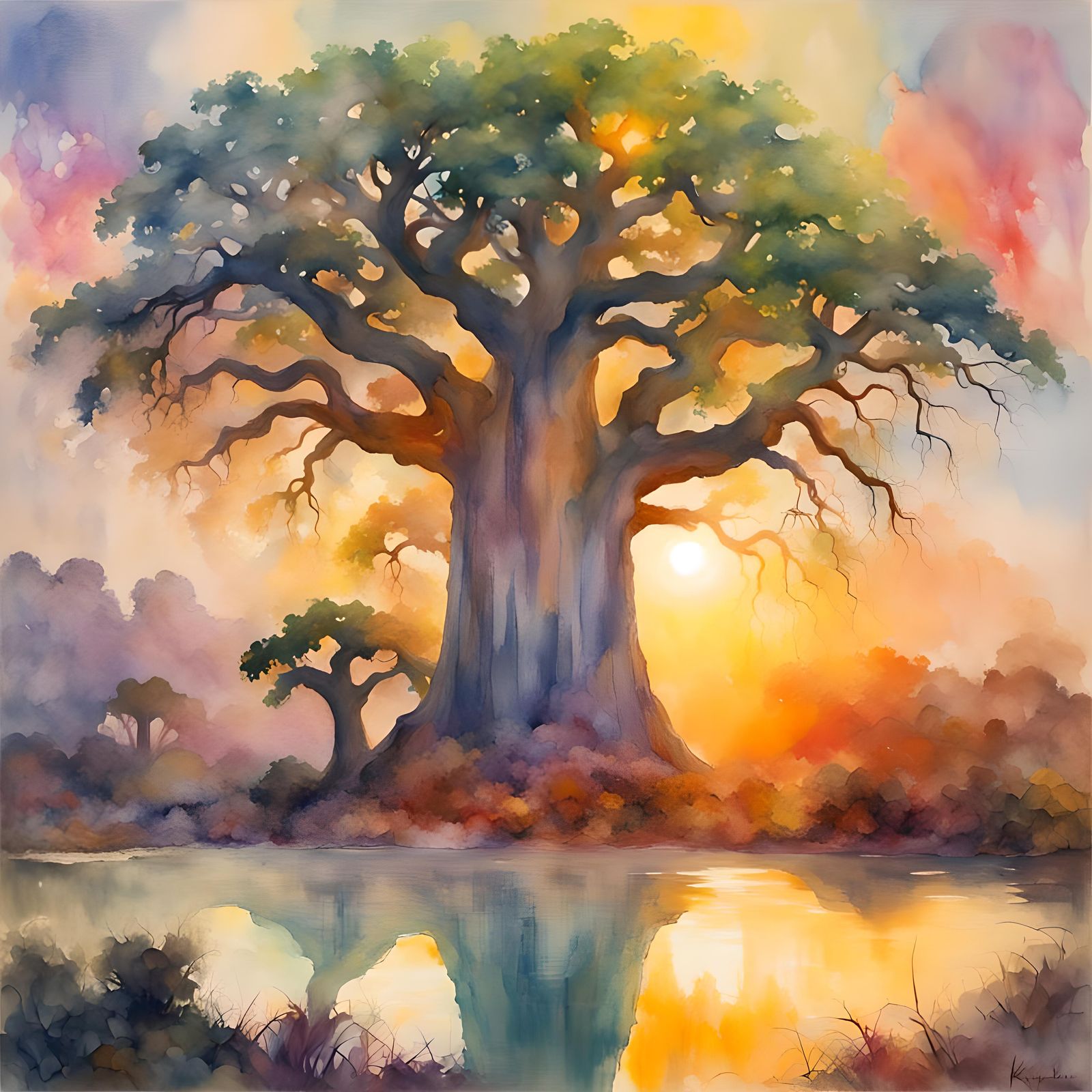 Baobab Tree Double Exposure: Watercolor Art