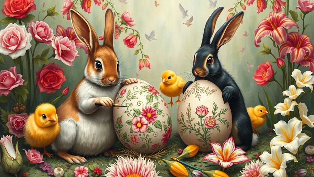 Easter Animals Painting Eggs in Fairy Tale Landscape
