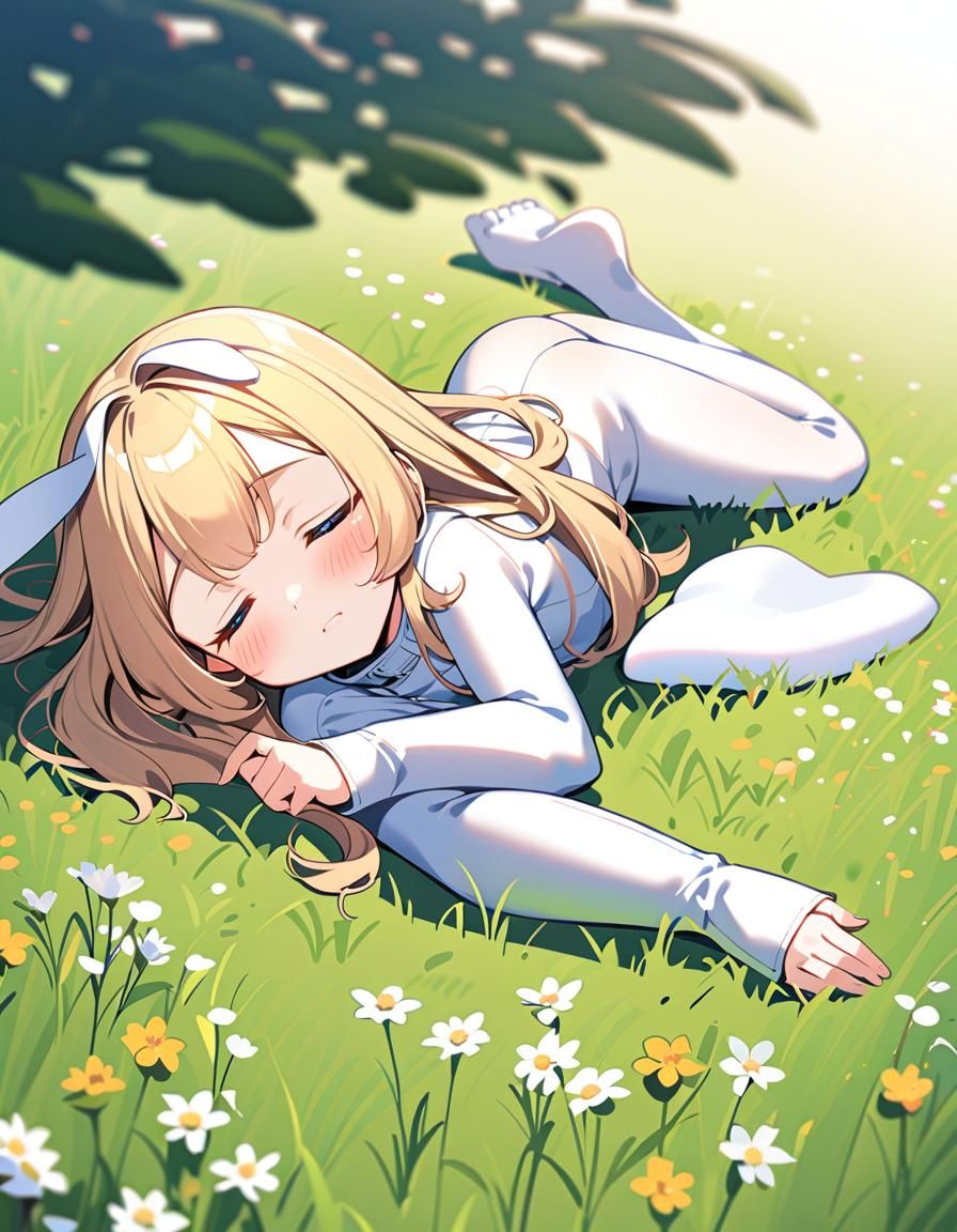 Girl with Rabbit Ears Sleeping in Meadow
