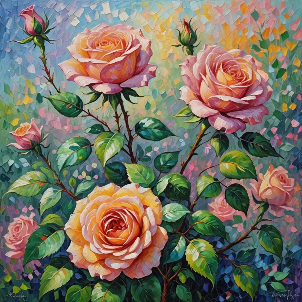Rose in Neo-Impressionist Oil Painting Style