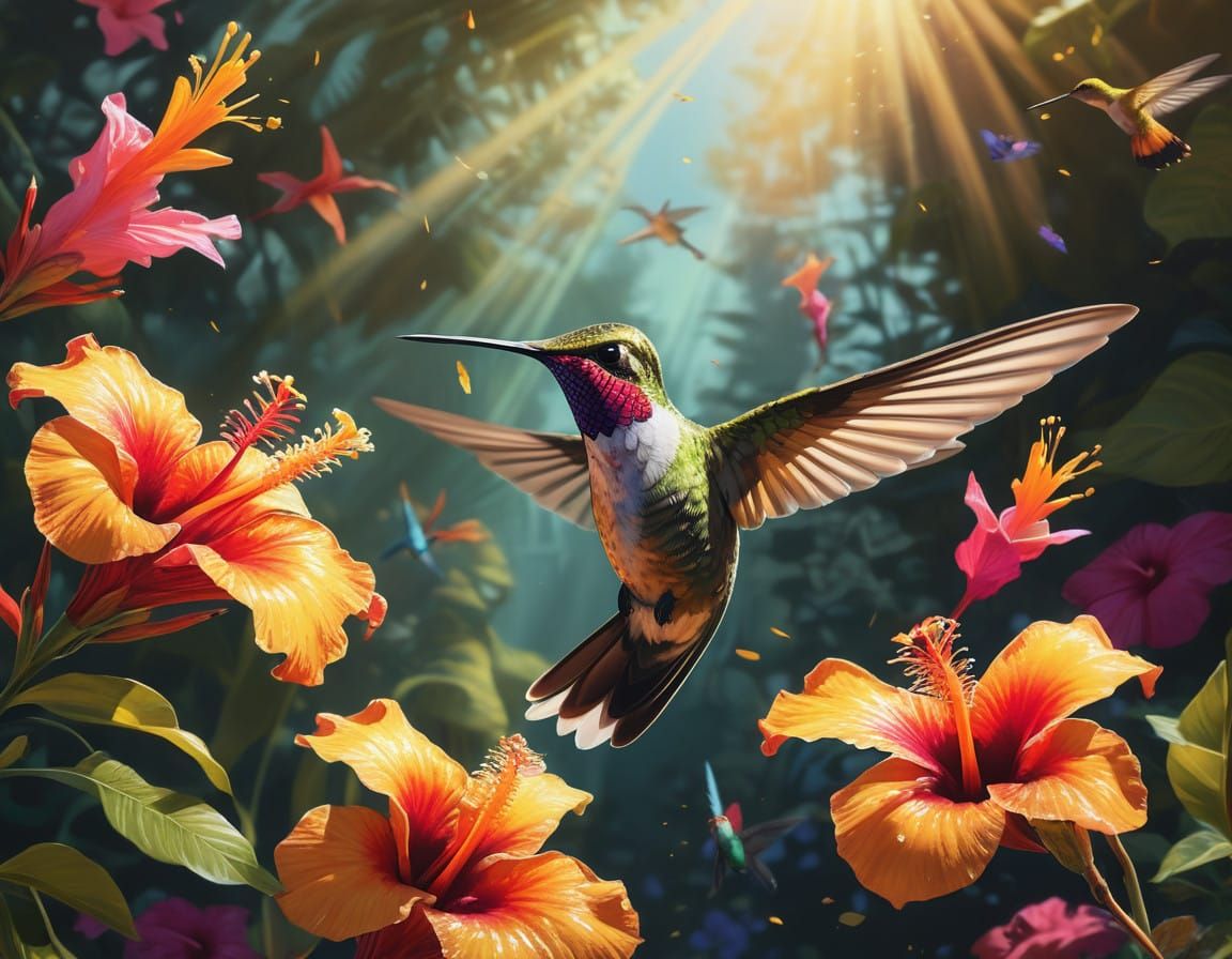 Vibrant Hyperrealistic Hummingbird in Lush Garden Realm