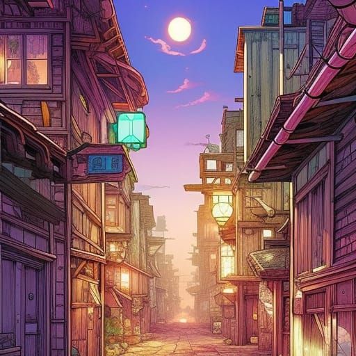 Cozy Solarpunk Ghost Town in Anime Style