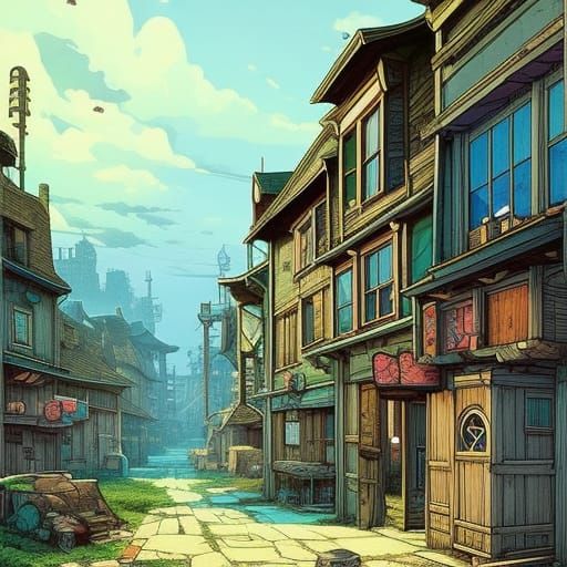 Cozy Haunted Solarpunk Village in Anime Style