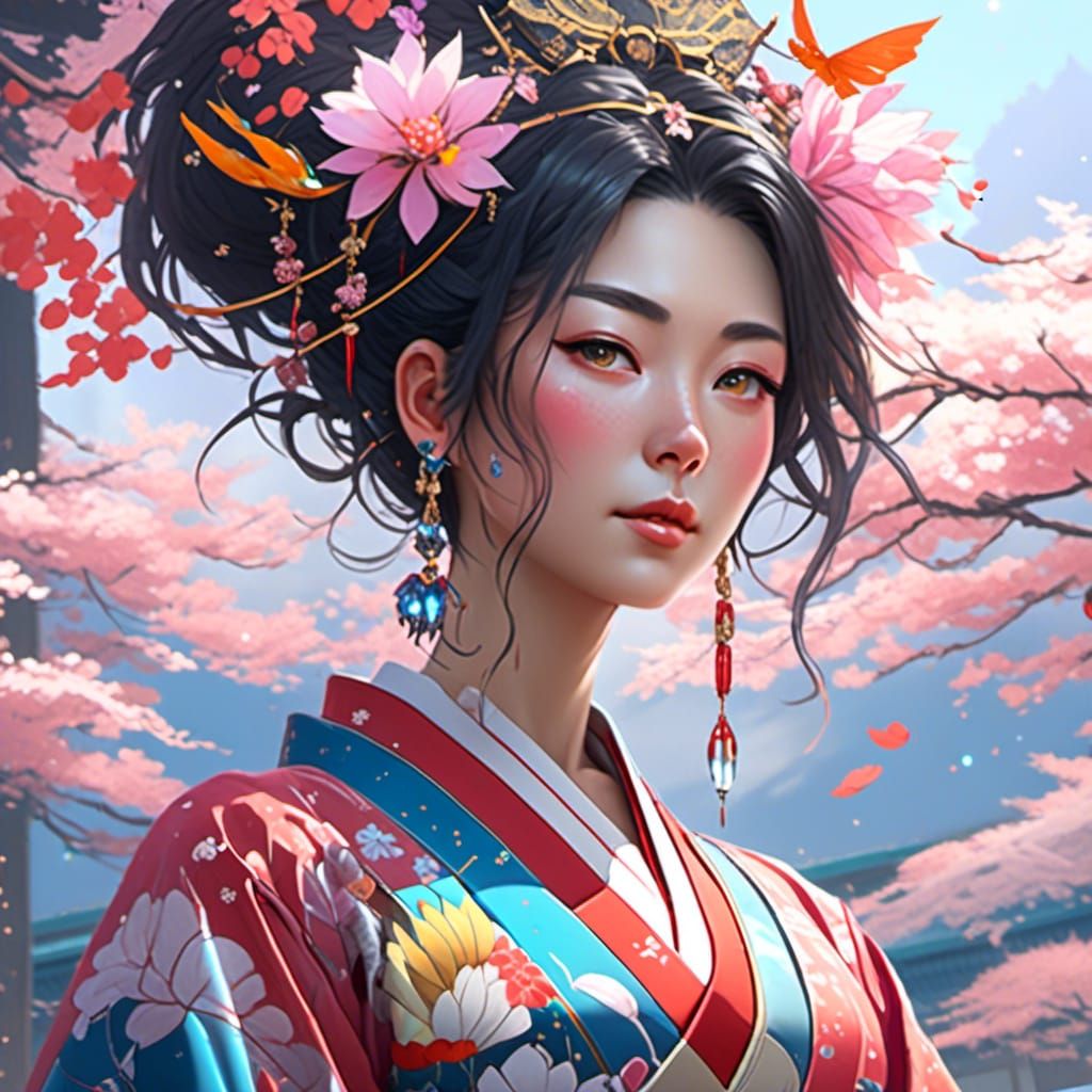 Beautiful Japanese Woman Portrait in Surrealist Style