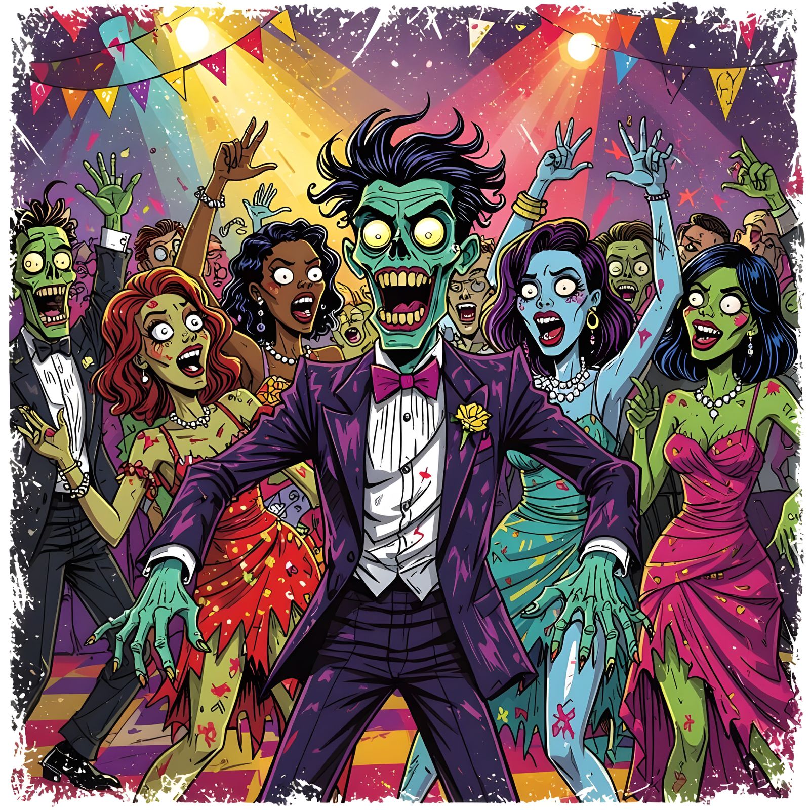 Zombie Prom Night Caricature in Maximalist Style