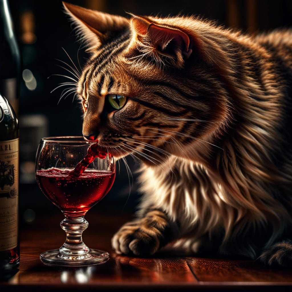 Hyperrealistic Cat Drinking Wine in Atmospheric Style