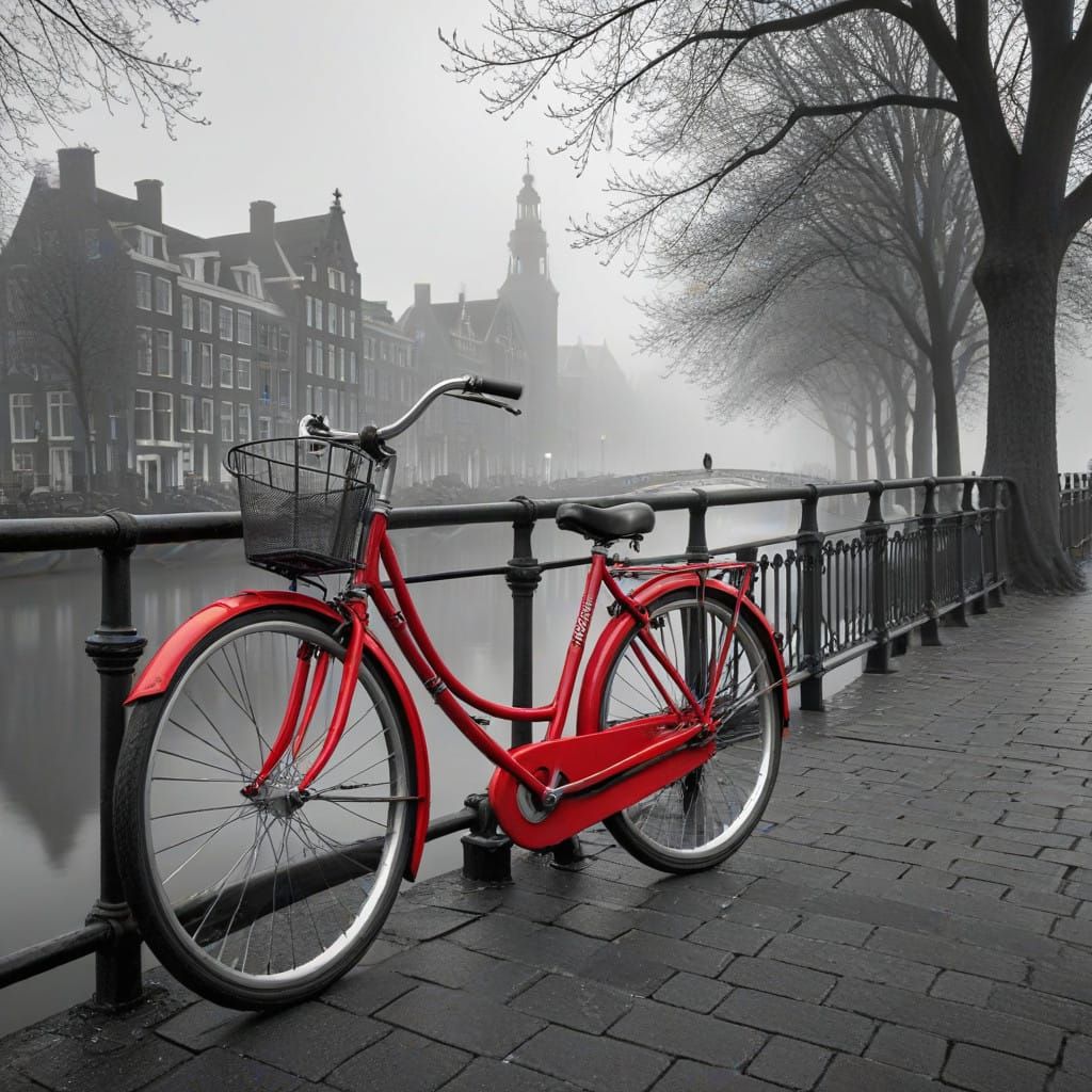 Vintage Bicycle in Foggy Amsterdam Bridge Scene