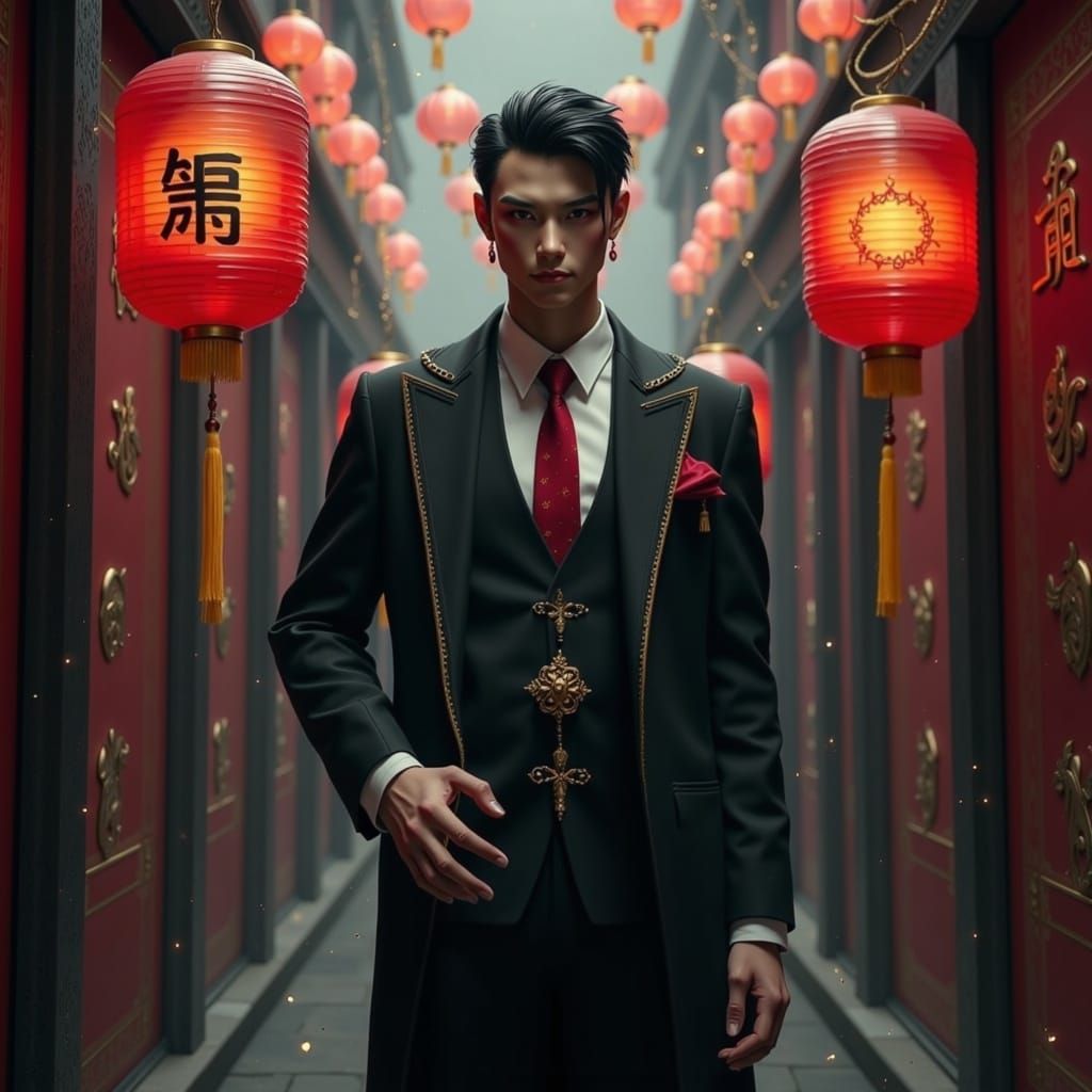 Dignified Triad Member in Smoky Alleyway