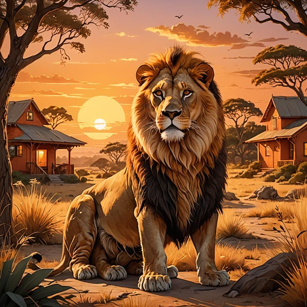 Sunset Lion Silhouette: Wildlife Fantasy Concept Art