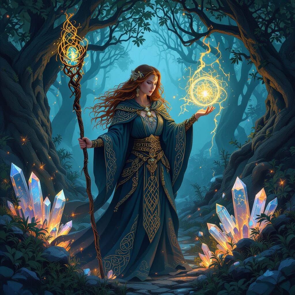 Celtic Sorceress Casting Spell in Art Nouveau Style