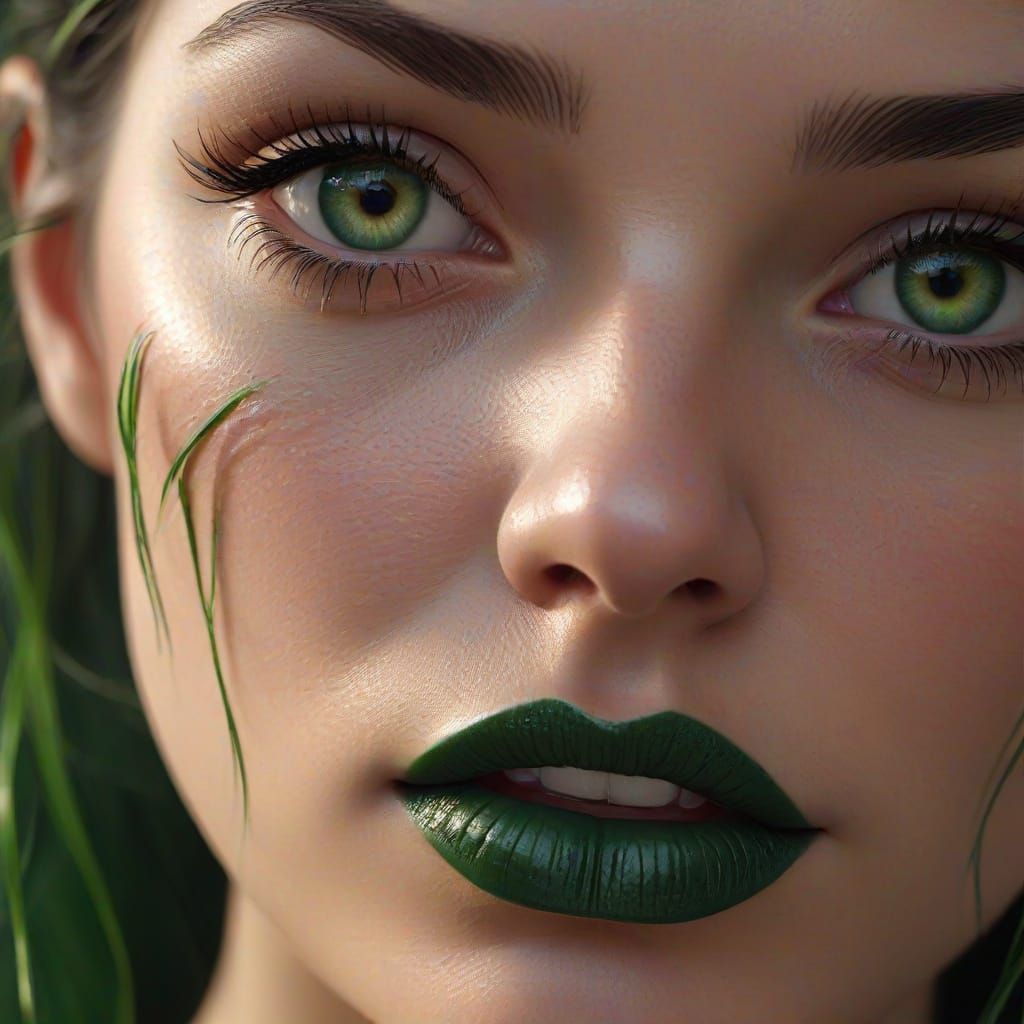 Hyper-Realistic Portrait of a Lady with Vibrant Green Eyes