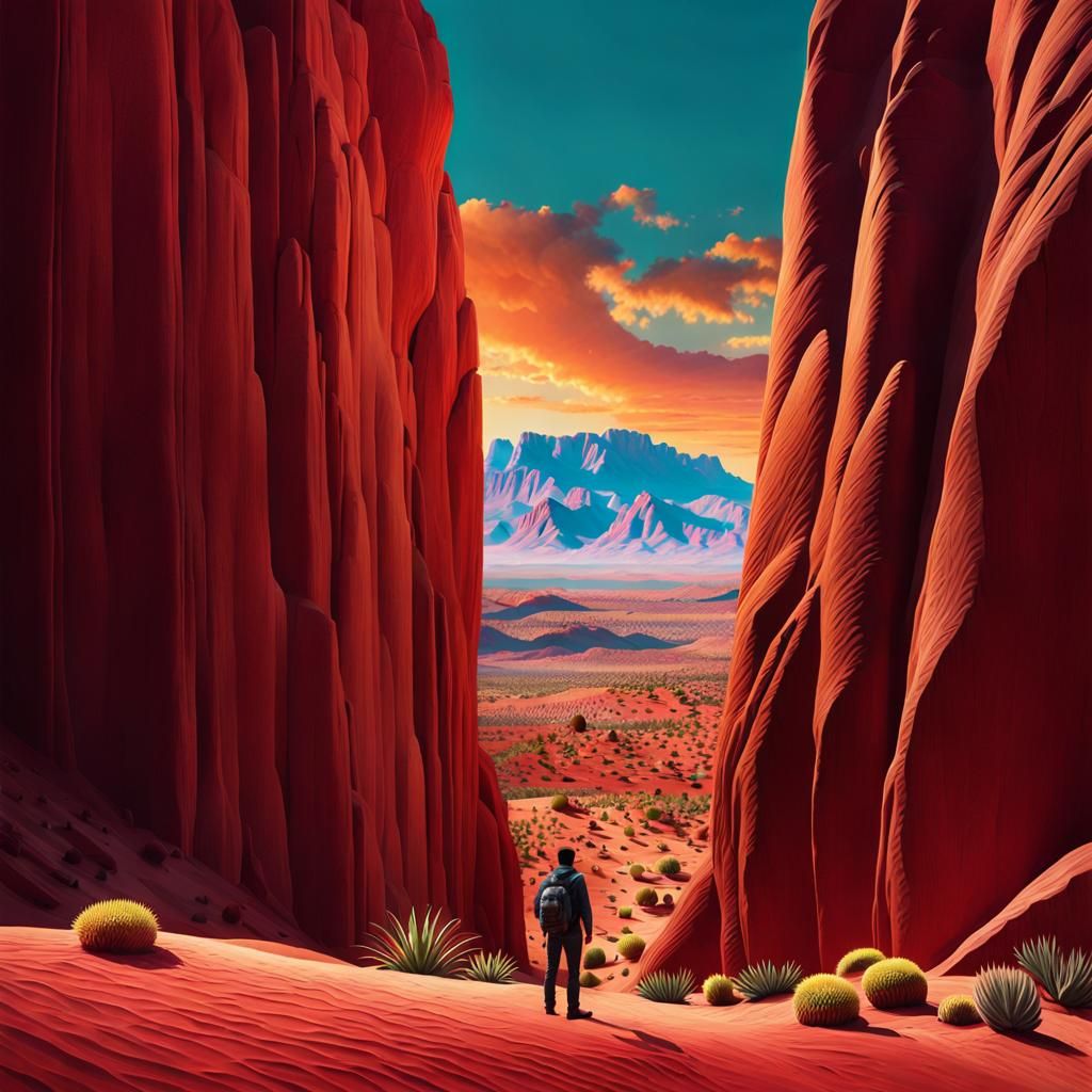 Desert Wanderer Gazes at Red Rock Formation