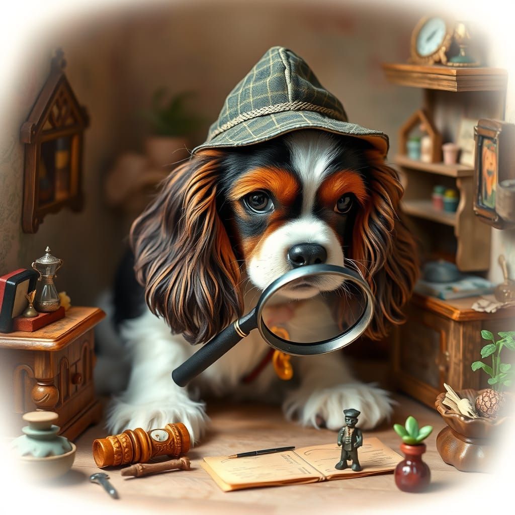 Whimsical Cavalier King Charles Spaniel Detective Investigat...