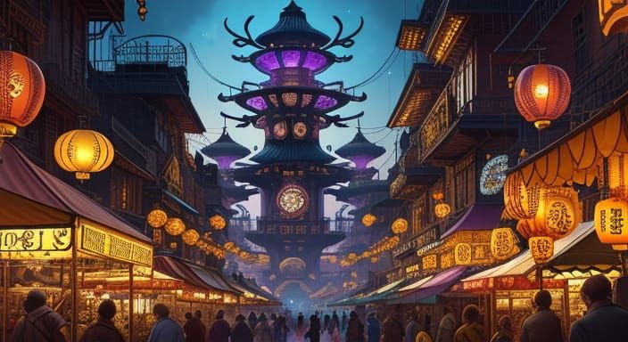 Steampunk Floating City Market at Night