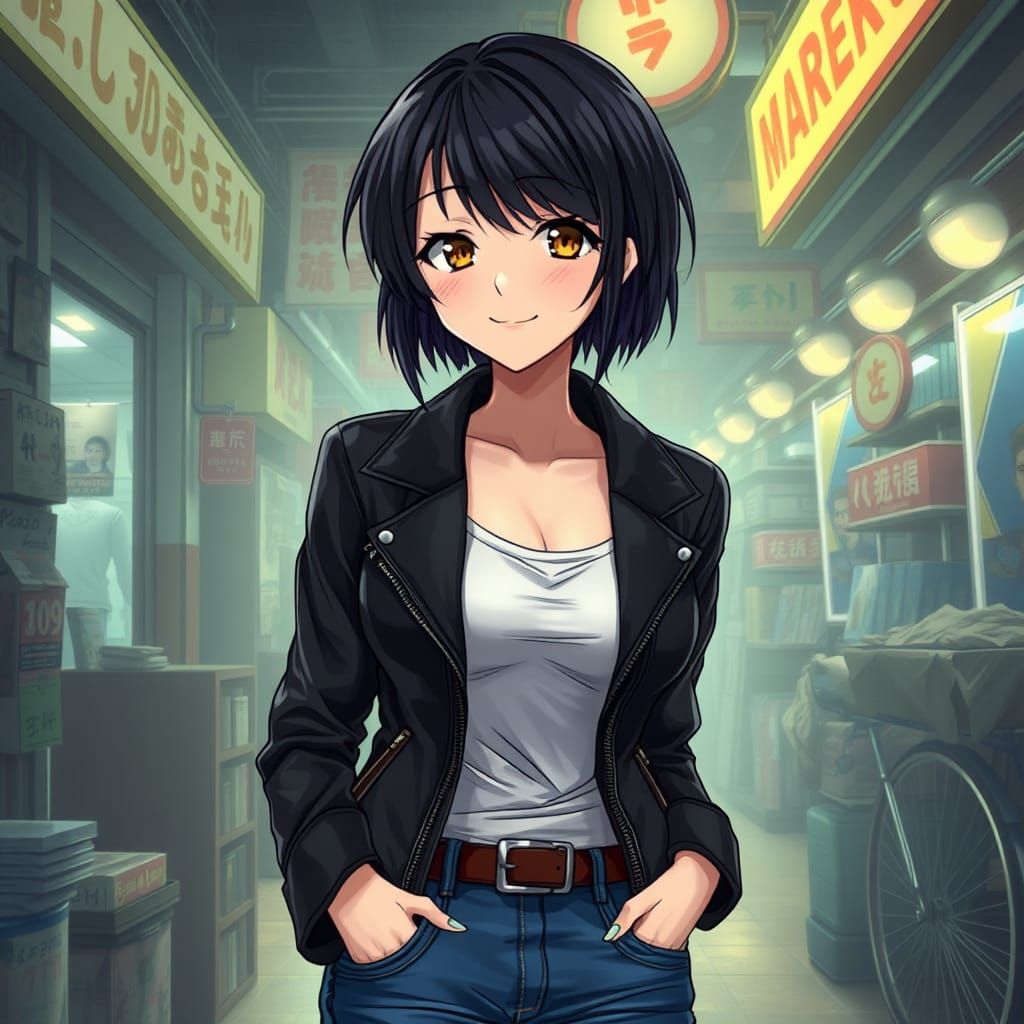 Anime Woman Smiles in Underworld Market