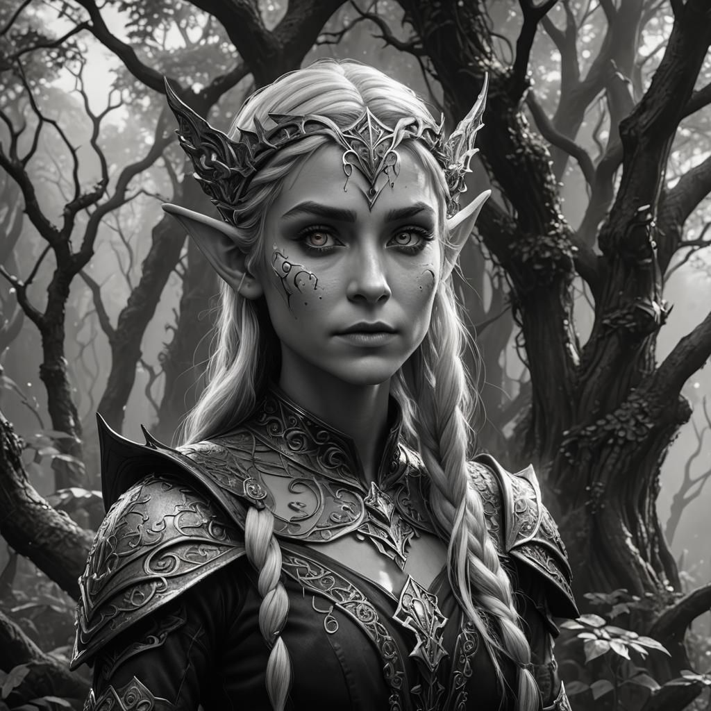 Detailed Black and White Elf Portrait