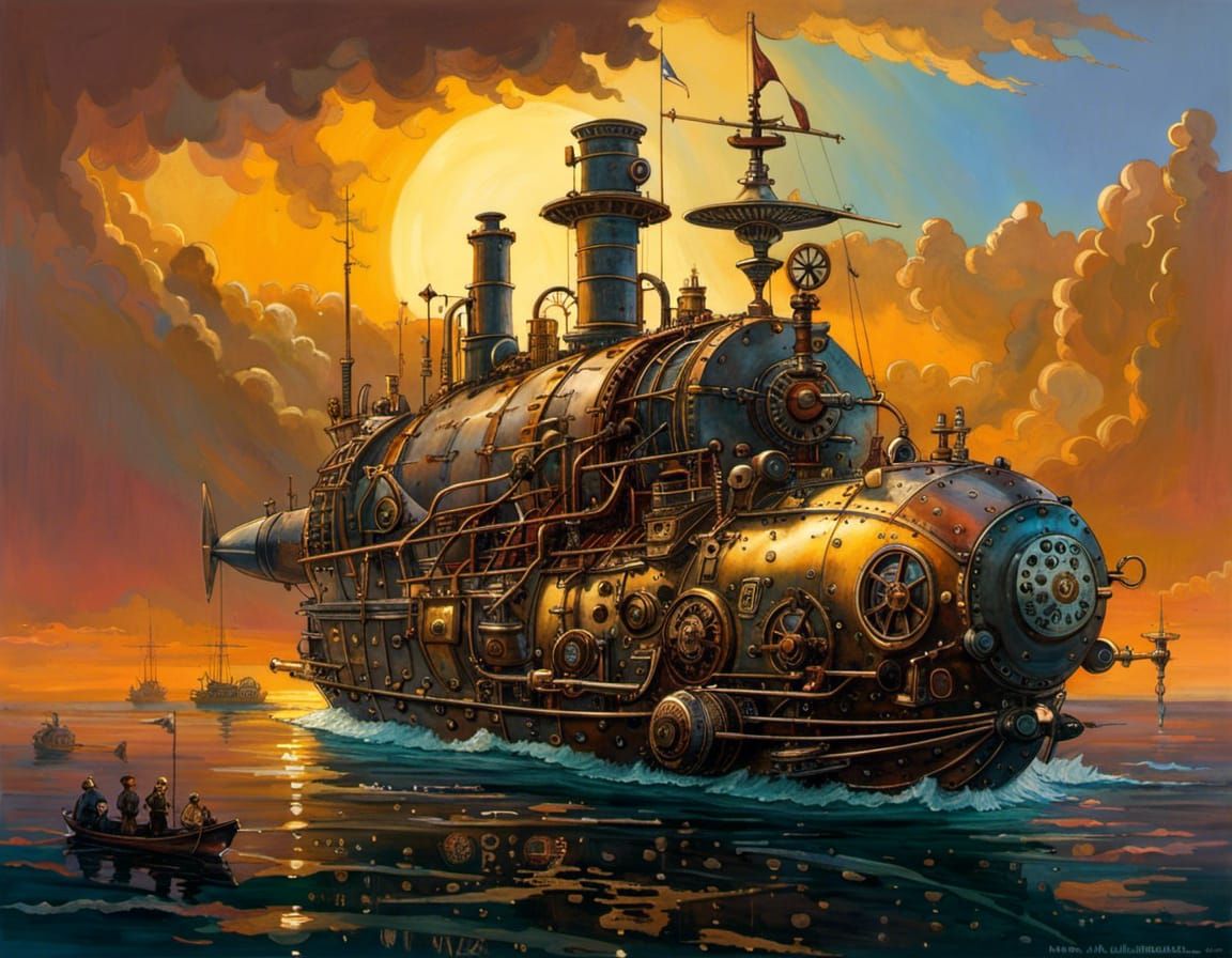 Colorful Steampunk Submarine in Fantasycore Style