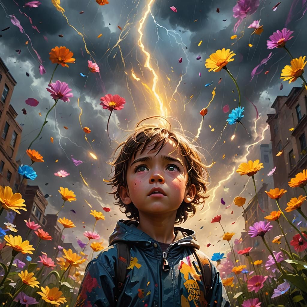 Child Defiant Against Projectiles, Hyperrealistic Splash Art