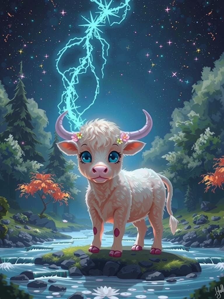 Soft off-white and soft pink chibi Highland cow with velvety fur stands poised in a sun-dappled clearing surrounded by a...