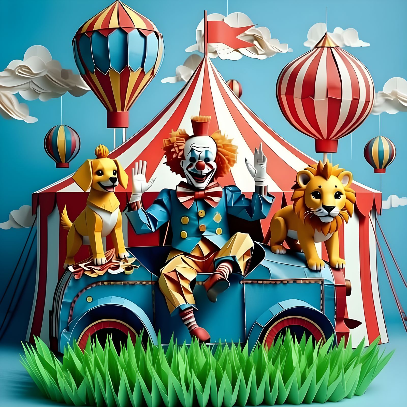 Colorful Clown in Circus Car Paper Sculpture