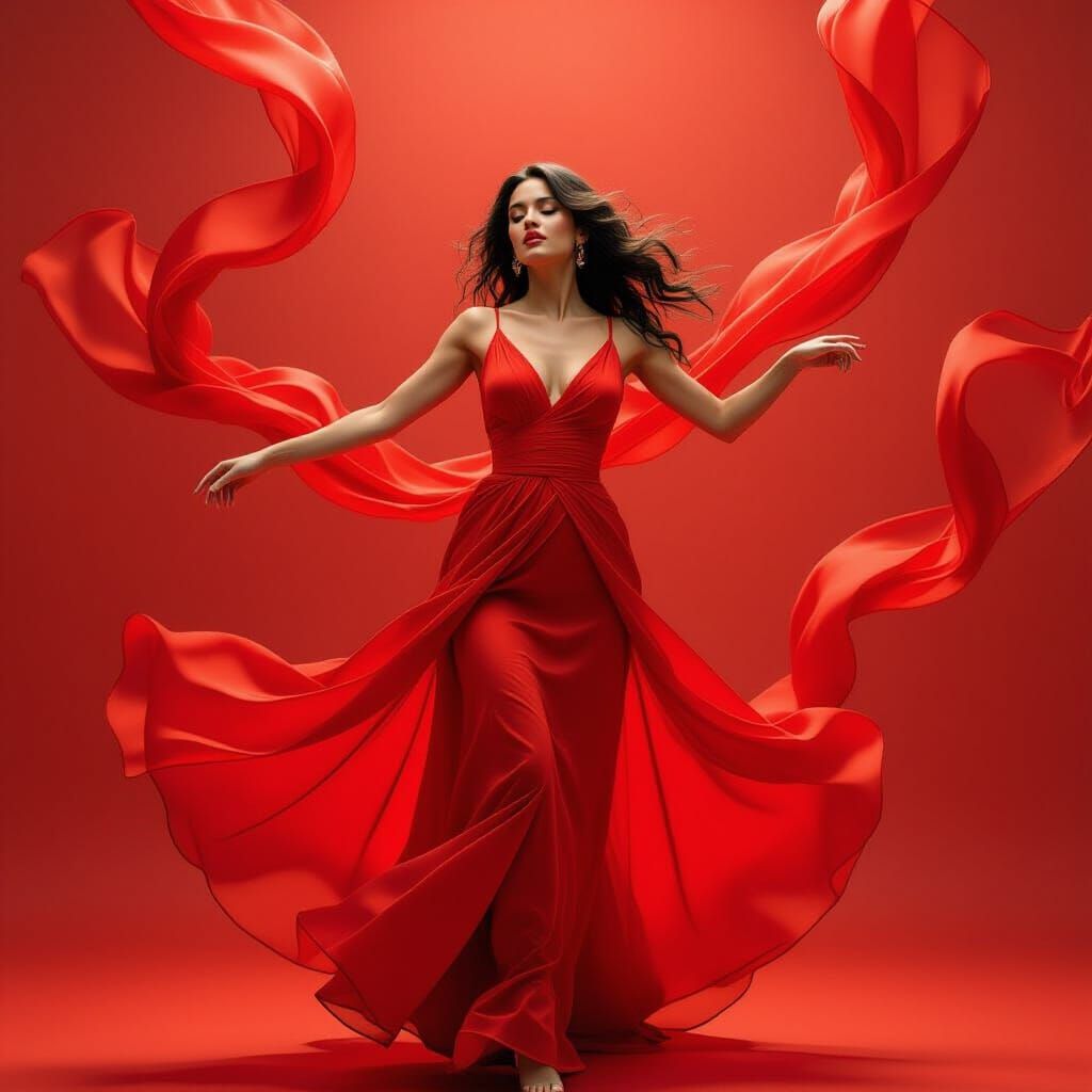 Passionate Woman Dancing in Red Dress