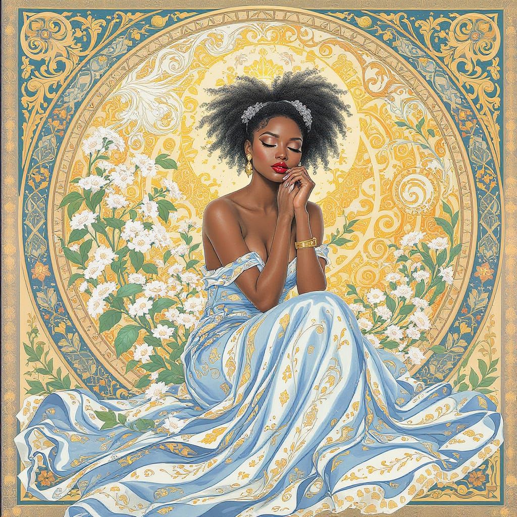 Art Nouveau Black Woman in Blue Dress Amidst White Flowers