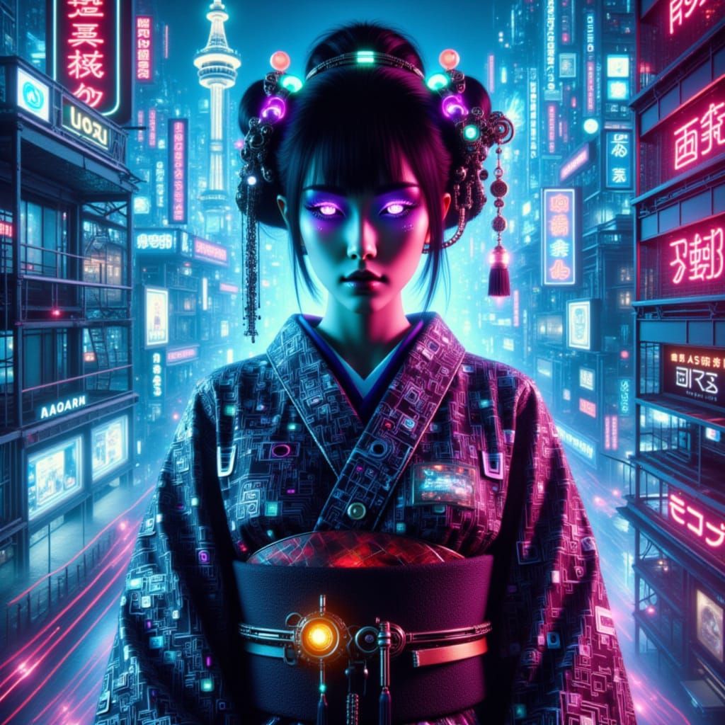 A cyberpunk geisha with cybernetic eyes stands amidst a neon...